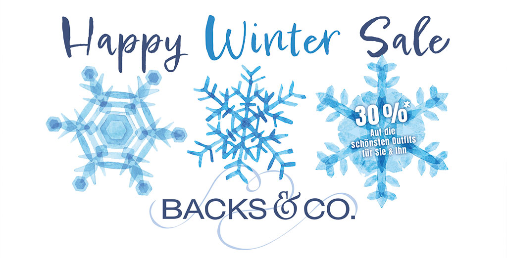Werbeflyer der Aktion Happy Winter Sale in weiß und blau mit Eiskristallen